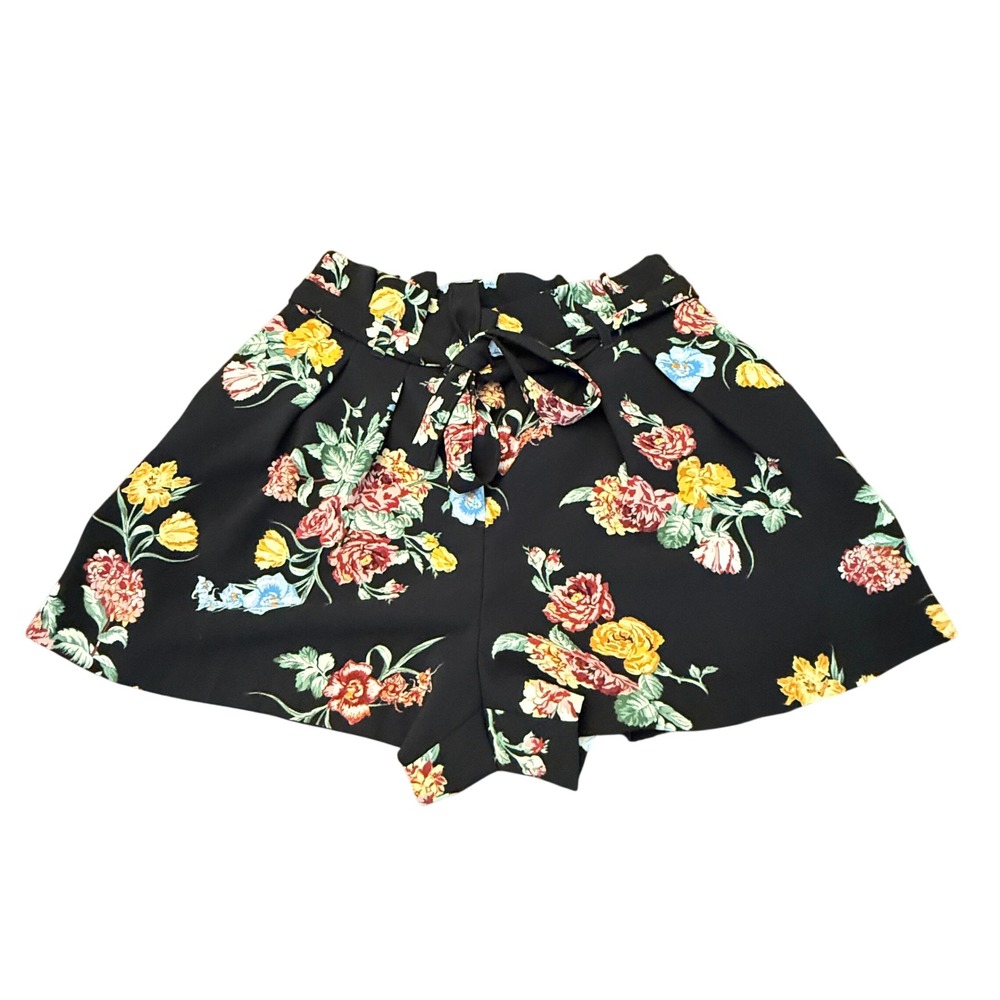 Express Black Floral Paperbag Waist Shorts with Tie Belt Womens Size 6